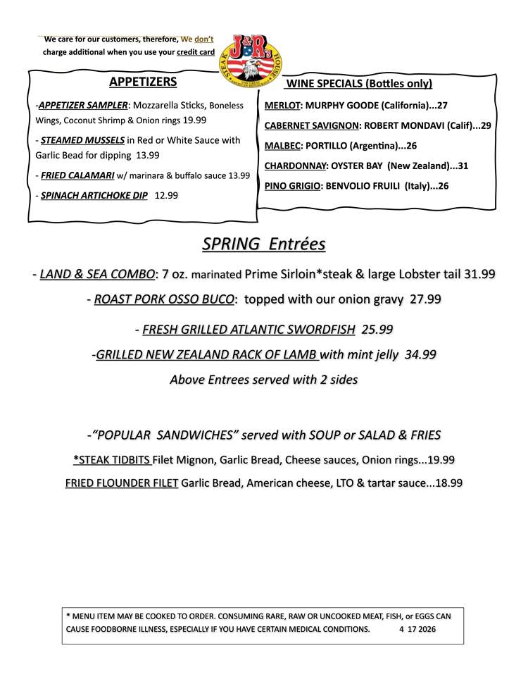 Spring menu specials at J&R's Steakhouse.