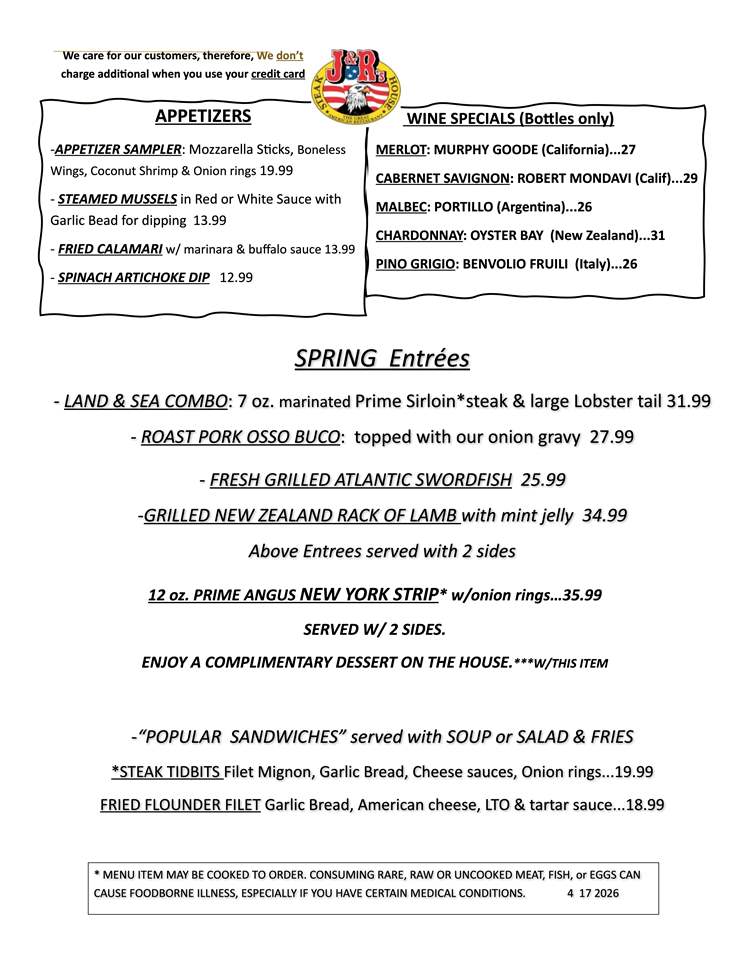 J&R's Calverton Spring Specials Menu
