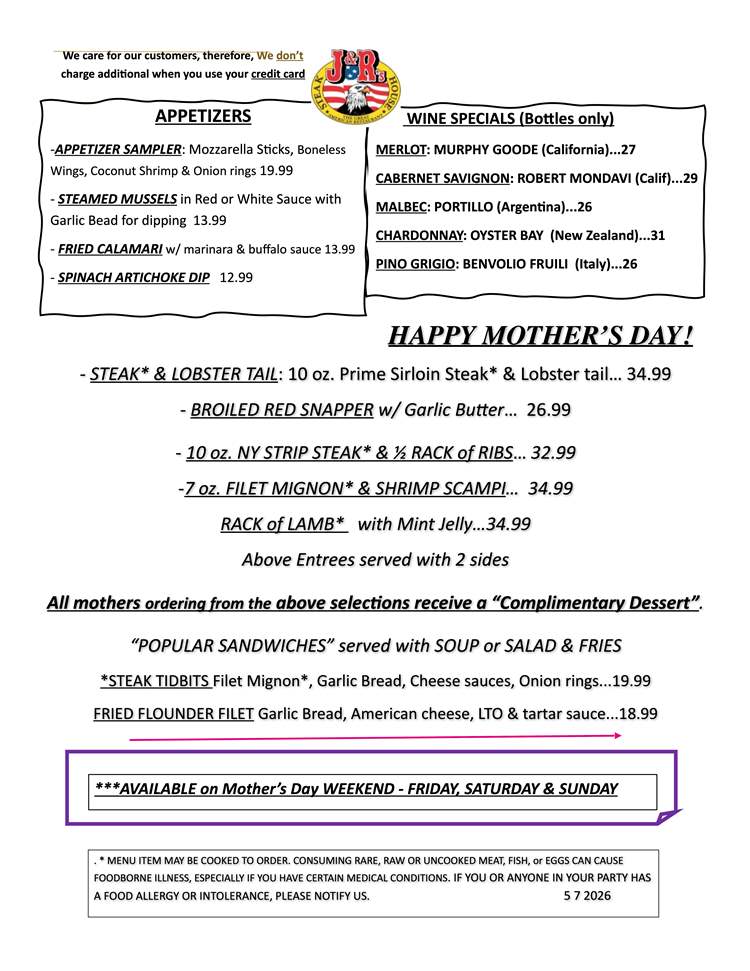 Mother's Day Menu at Calverton J & R's Steakhouse