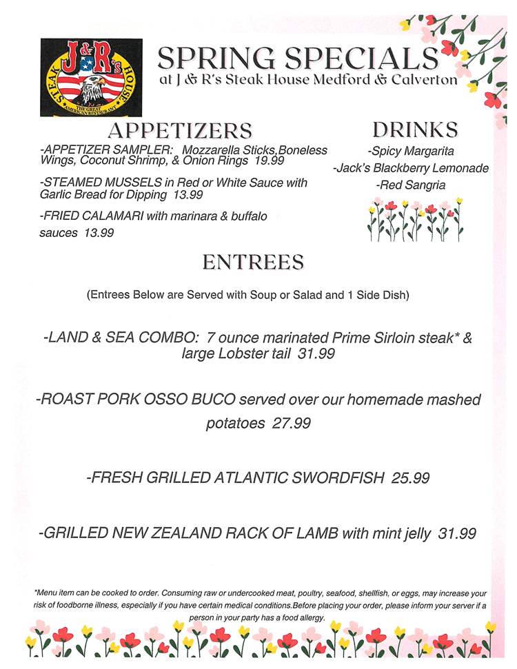 Spring Specials at J & R's Steakhouse Calverton.