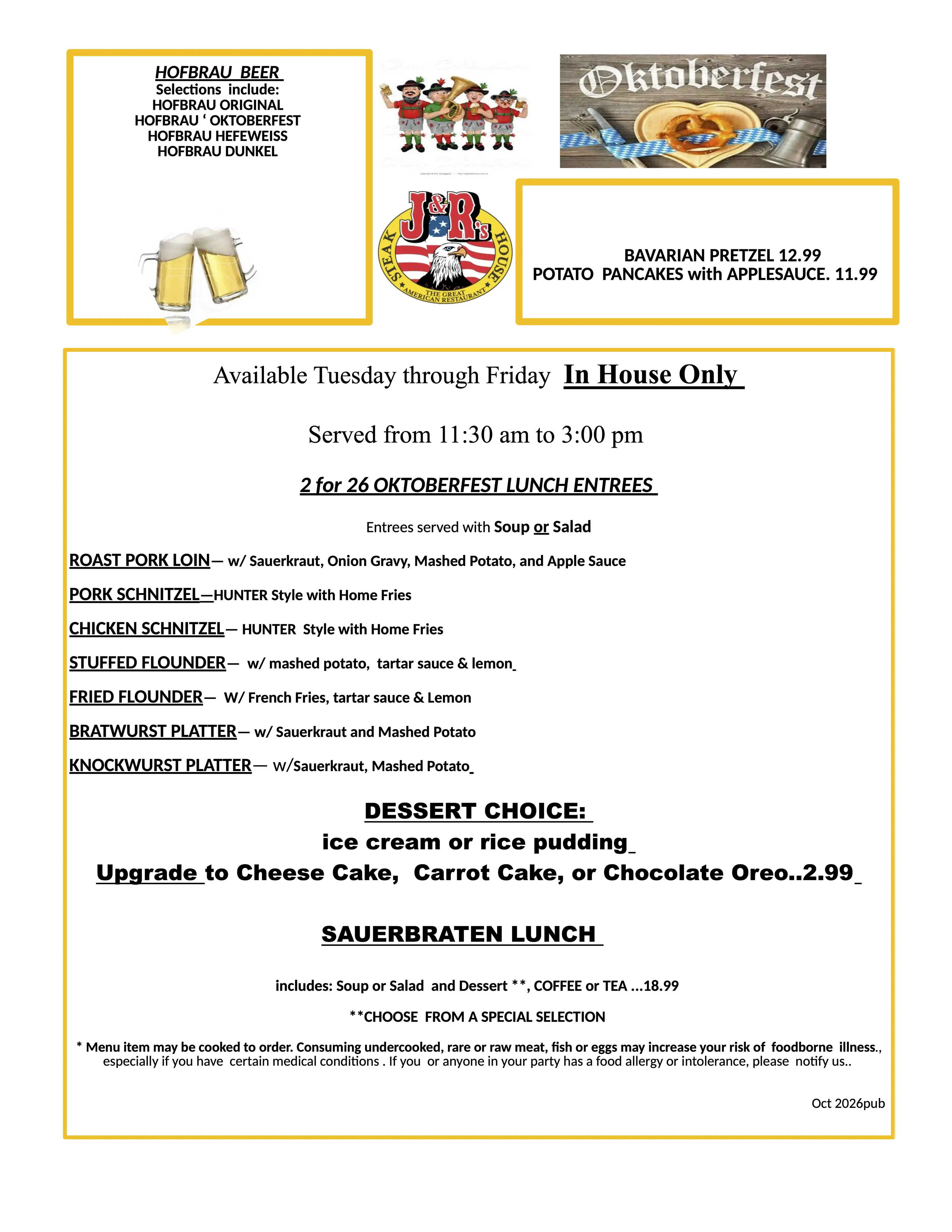 Oktoberfest menu at J&R's Steakhouse. 